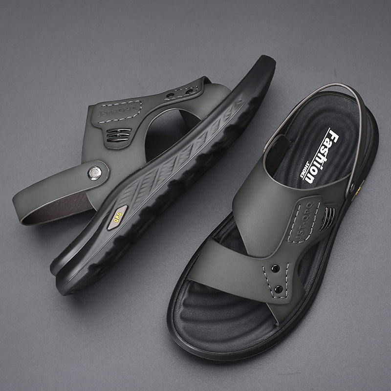 HM80588 Men's Leather Sport Sandals, 2-in-1 Convertible Slide Sandals with Non-Slip Sole for Outdoor Beach and Daily Wear