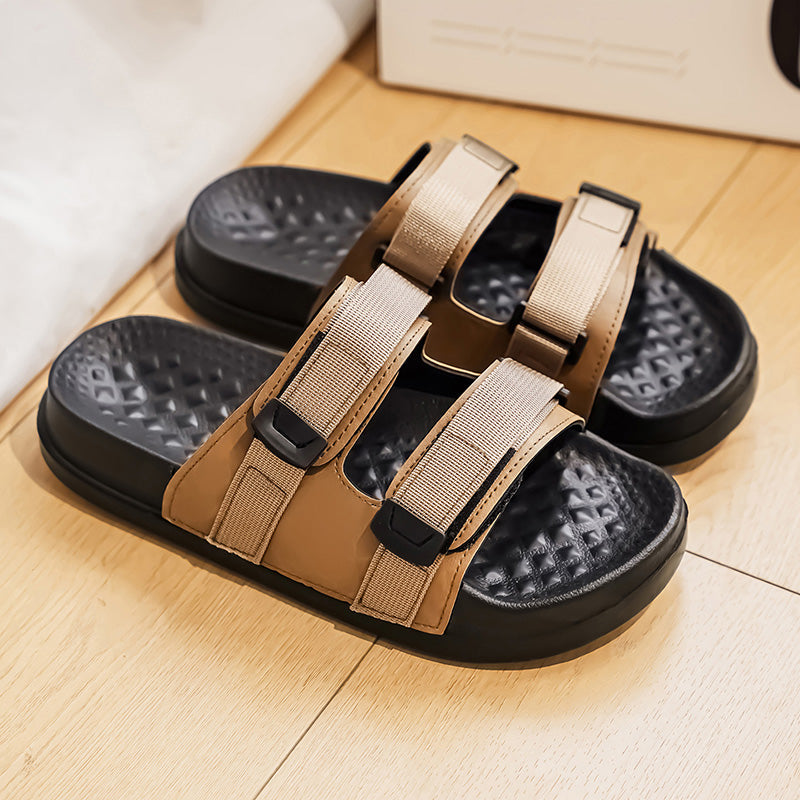AM581 Men's Adjustable Strap Slide Sandals, Comfort Massage Footbed Non-Slip Open Toe Slippers for Indoor Outdoor Beach Shower