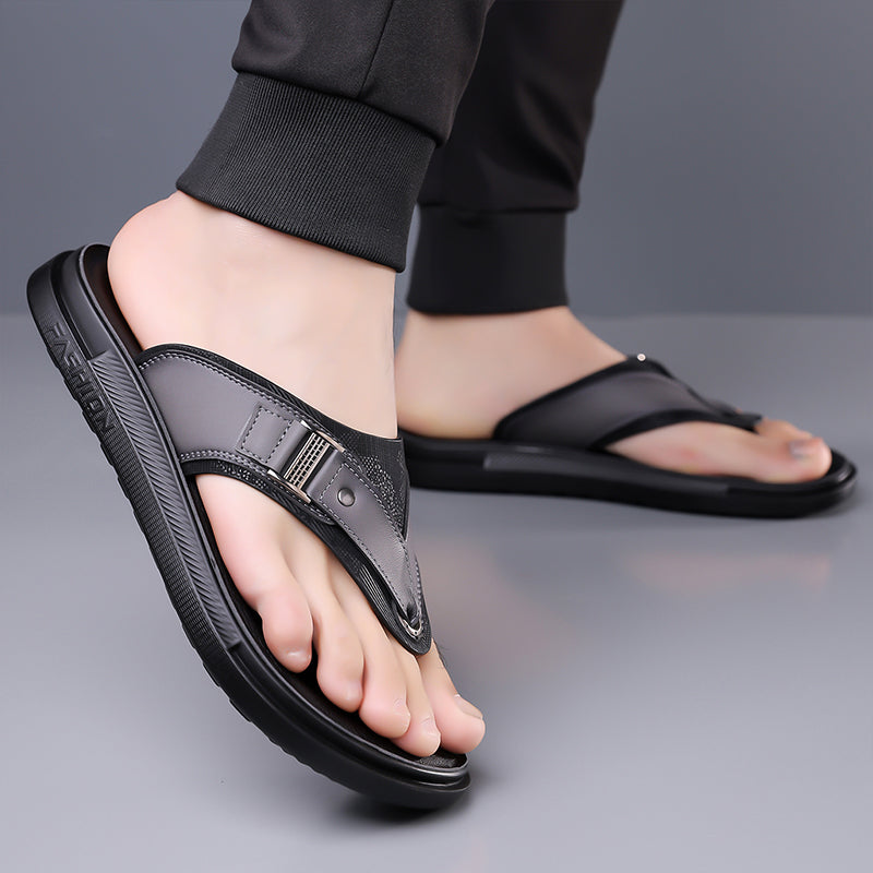 HM8803 Men's Premium Leather Thong Sandals, Lightweight Non-Slip Flip Flops for Outdoor, Beach and Casual Walking