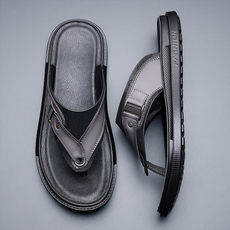 HM8803 Men's Premium Leather Thong Sandals, Lightweight Non-Slip Flip Flops for Outdoor, Beach and Casual Walking