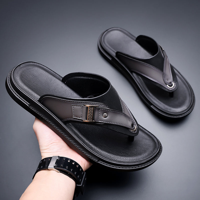HM8803 Men's Premium Leather Thong Sandals, Lightweight Non-Slip Flip Flops for Outdoor, Beach and Casual Walking