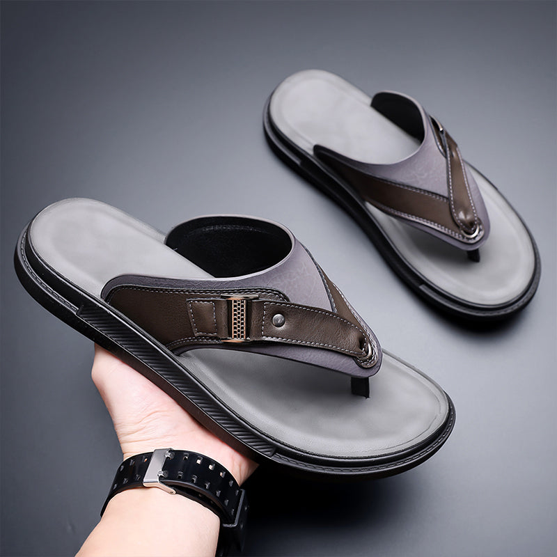 HM8803 Men's Premium Leather Thong Sandals, Lightweight Non-Slip Flip Flops for Outdoor, Beach and Casual Walking