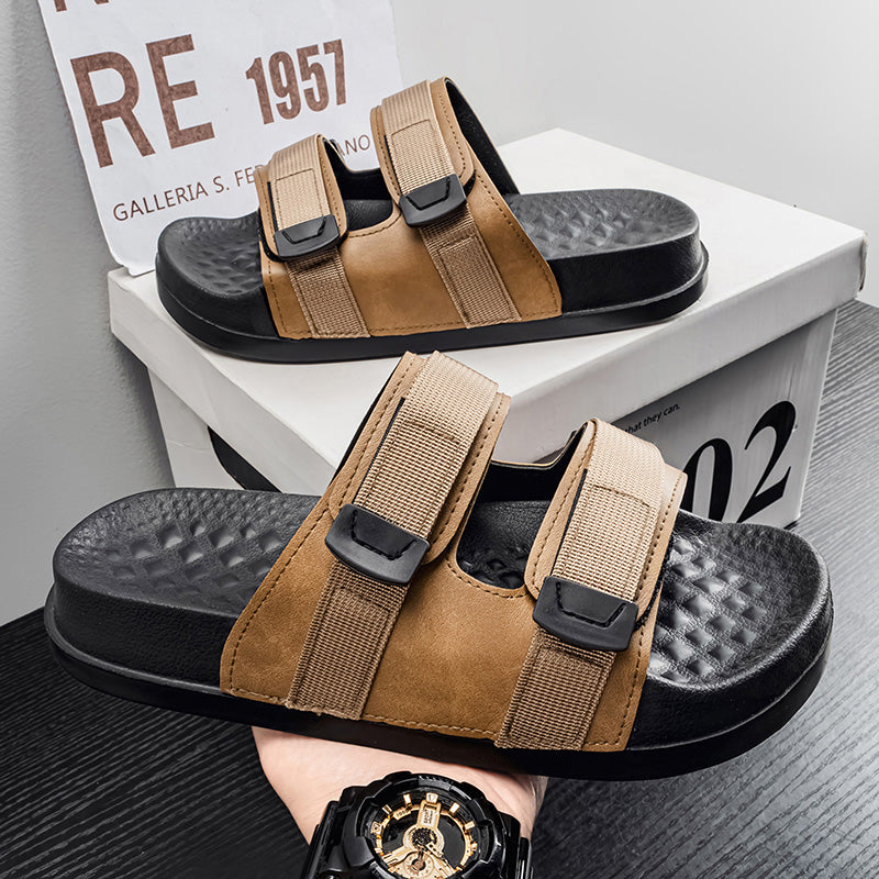 AM581 Men's Adjustable Strap Slide Sandals, Comfort Massage Footbed Non-Slip Open Toe Slippers for Indoor Outdoor Beach Shower