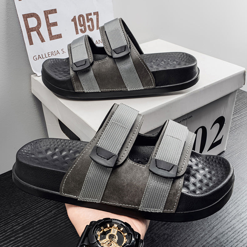 AM581 Men's Adjustable Strap Slide Sandals, Comfort Massage Footbed Non-Slip Open Toe Slippers for Indoor Outdoor Beach Shower