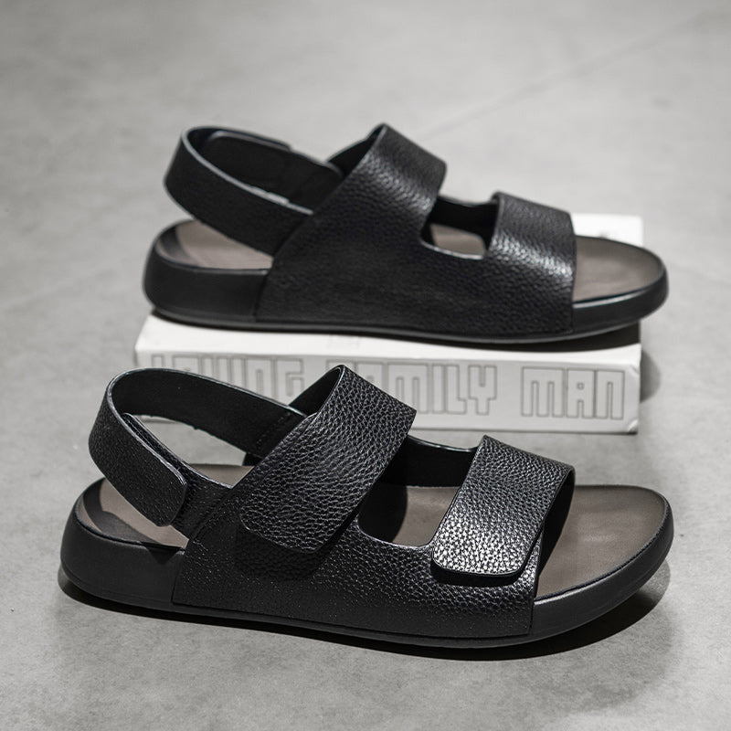 HMBF8111 Men‘s Leather Sandals, Adjustable Hook-and-Loop Strap Open Toe Sandals for Casual, Beach, Outdoor and Daily Commute