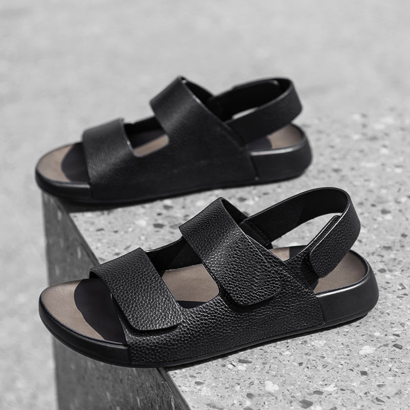 HMBF8111 Men‘s Leather Sandals, Adjustable Hook-and-Loop Strap Open Toe Sandals for Casual, Beach, Outdoor and Daily Commute