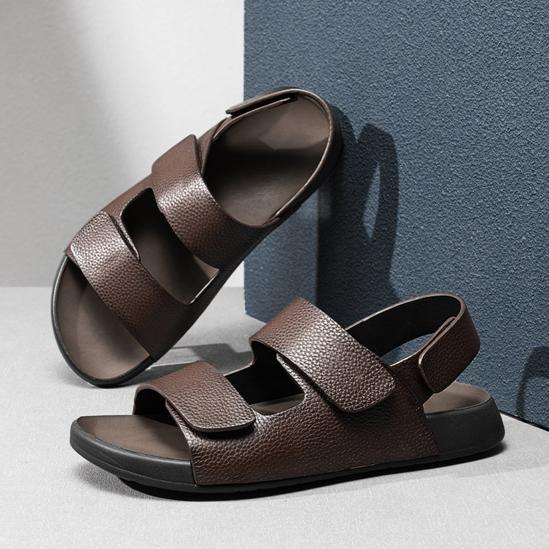 HMBF8111 Men‘s Leather Sandals, Adjustable Hook-and-Loop Strap Open Toe Sandals for Casual, Beach, Outdoor and Daily Commute